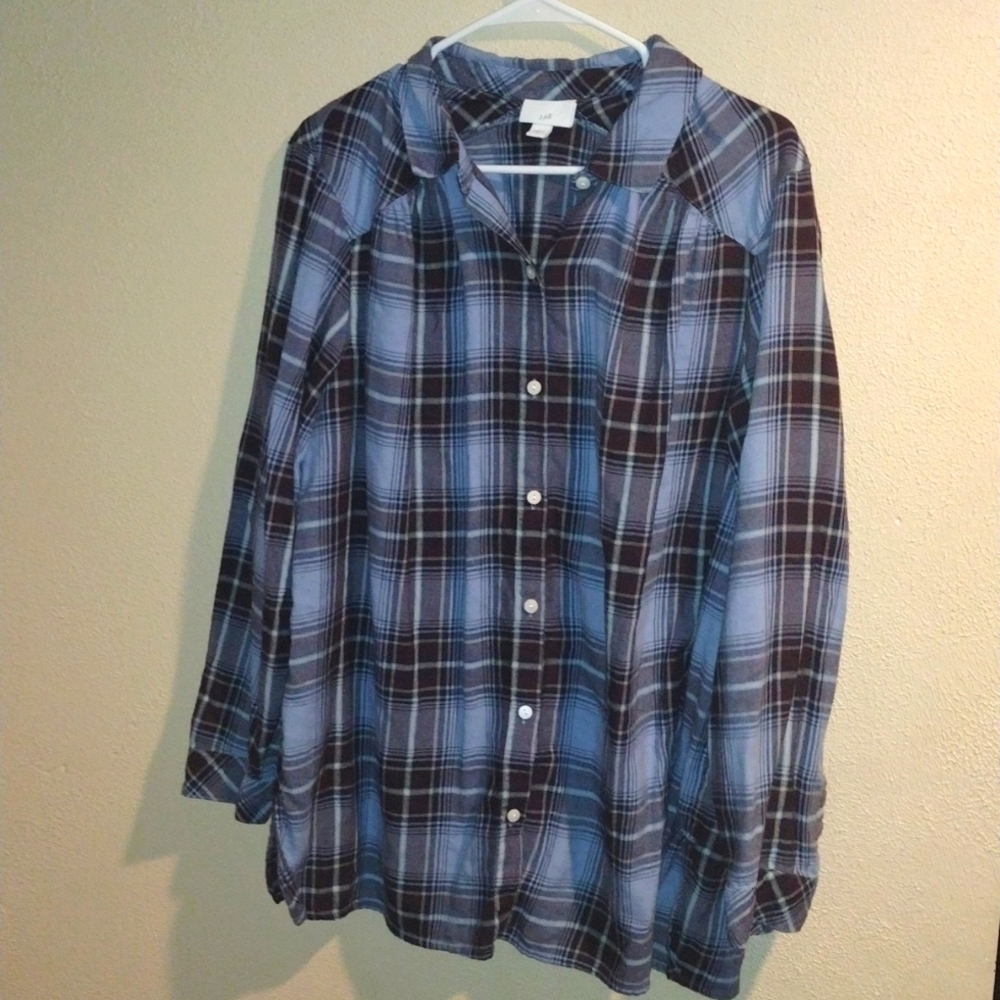 J Jill Cotton Blend Tunic Length Plaid Button Down Top XL.